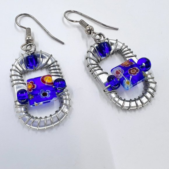 Blue/Red Millefiori Glass Beaded Silver Tone Wire Wrapped Pop Tab Earrings - Picture 6 of 6